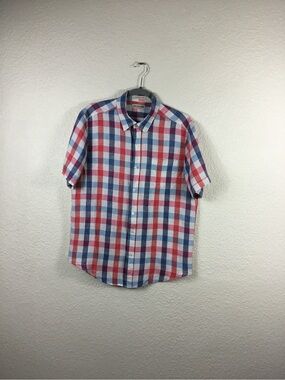 Men's Short-Sleeve Plaid Button-Up Shirt - Red & Blue